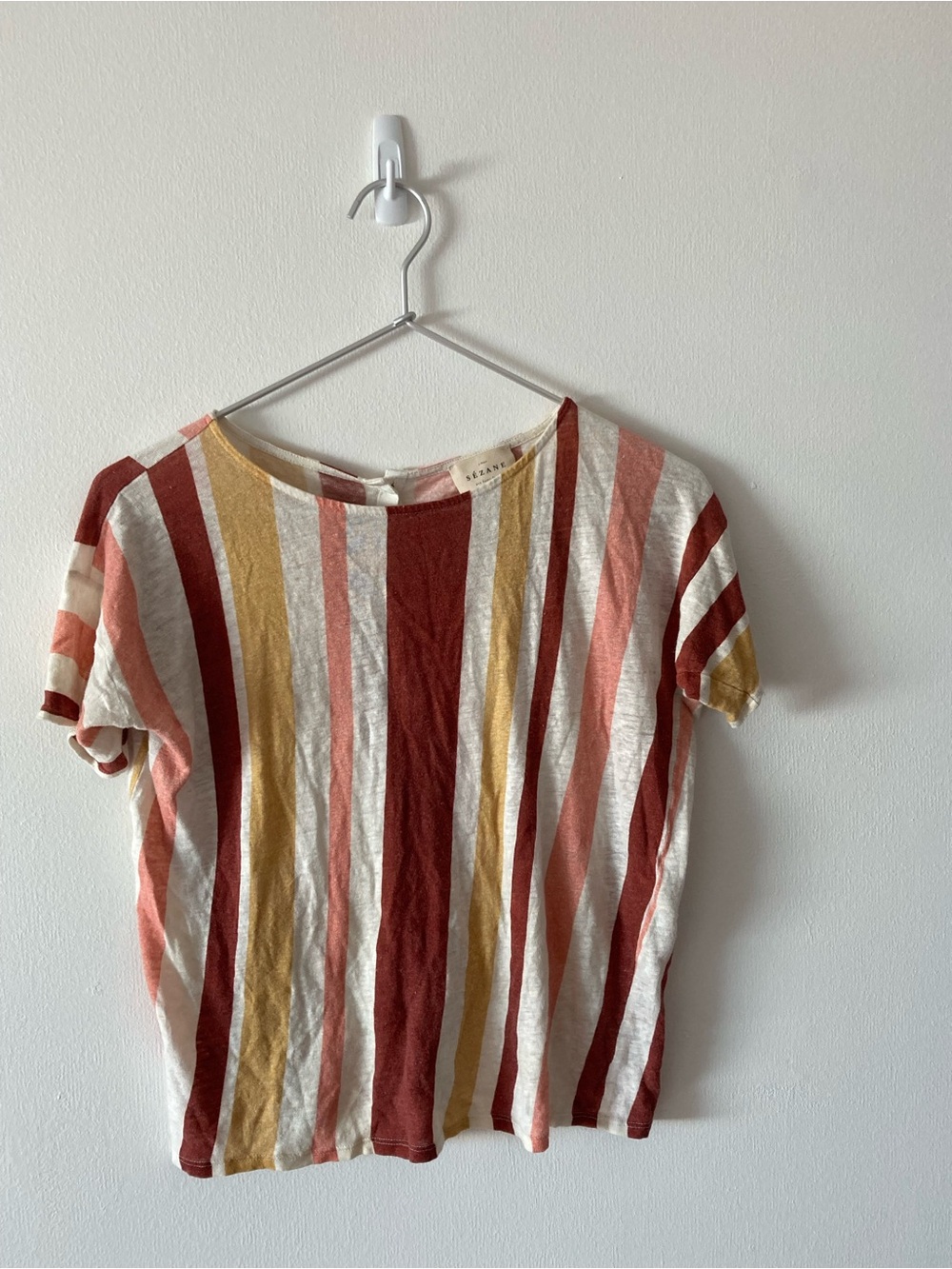 Sezane Andre Striped Short-Sleeve Cotton and Linen Tee in Rust, Mustard & Cream - Picture 2 of 4